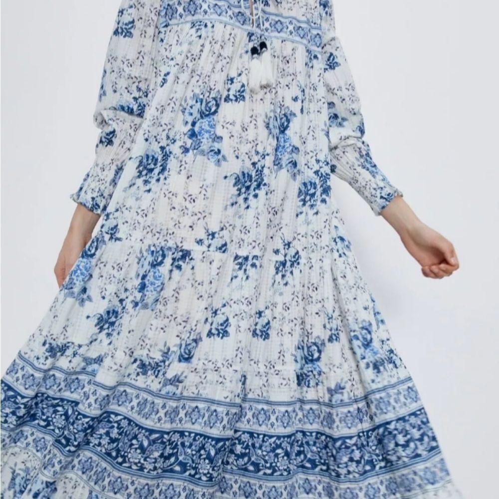 Zara Print Dress Blue/White V-Neck Long Sleeve Maxi Size M - Picture 6 of 8